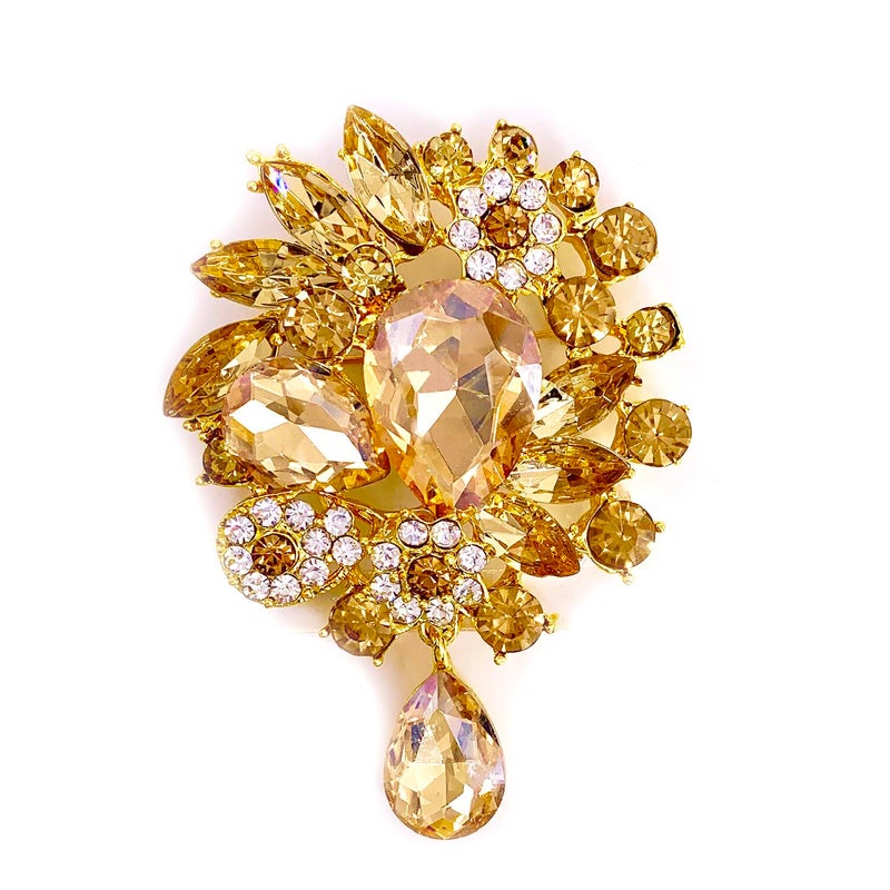 LAXPICOL Vintage Wedding Bridal Big Clear Champagne Crystal Rhinestone Tear drop Brooch Pin for Women - Image 1